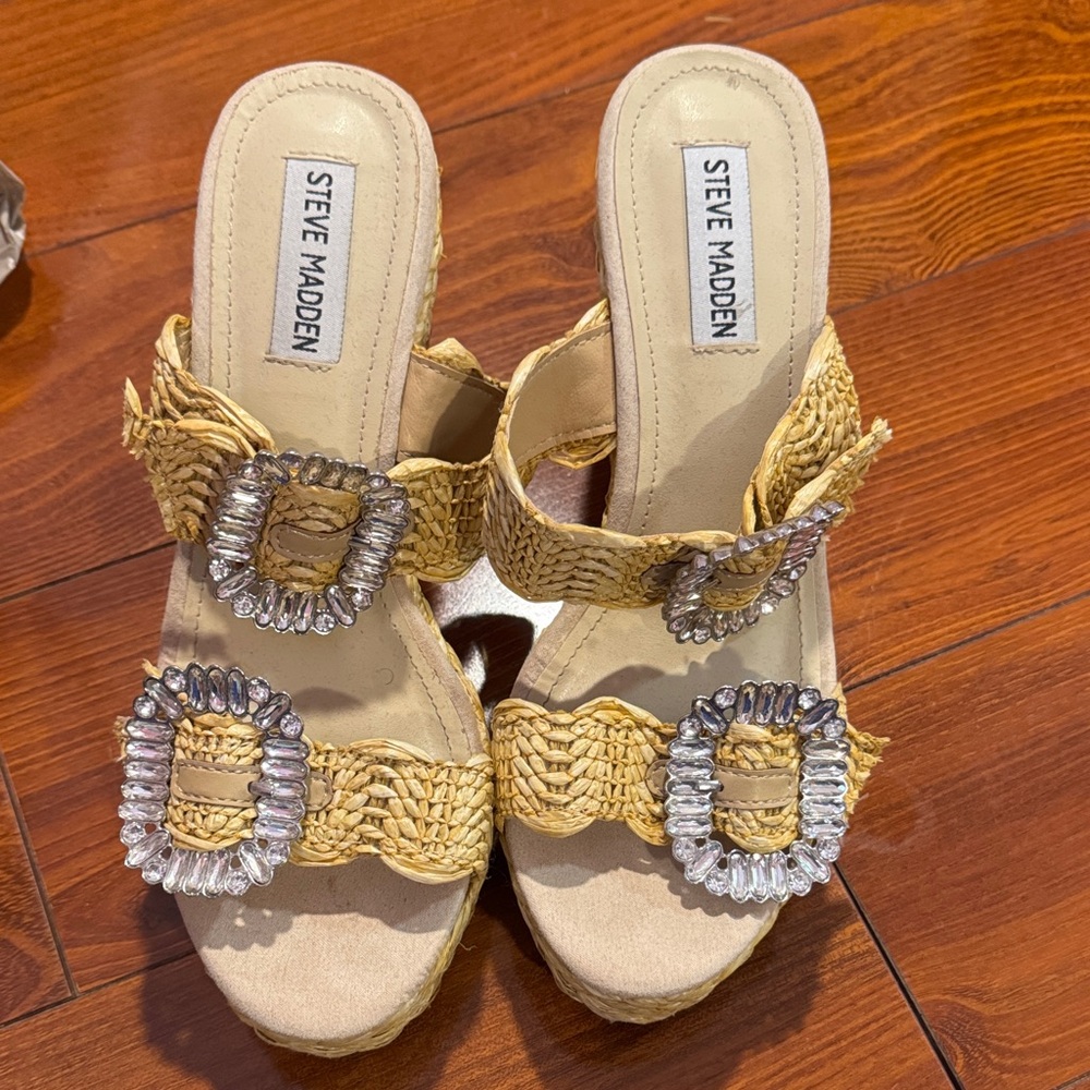 Steve Madden Gold Woven Sandals with Silver Buckles
